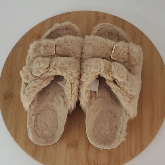 Fitory Faux Rabbit Fur Open Toe Slippers Cork Slide Sandals Beige Women's Size 7 - Picture 4 of 8